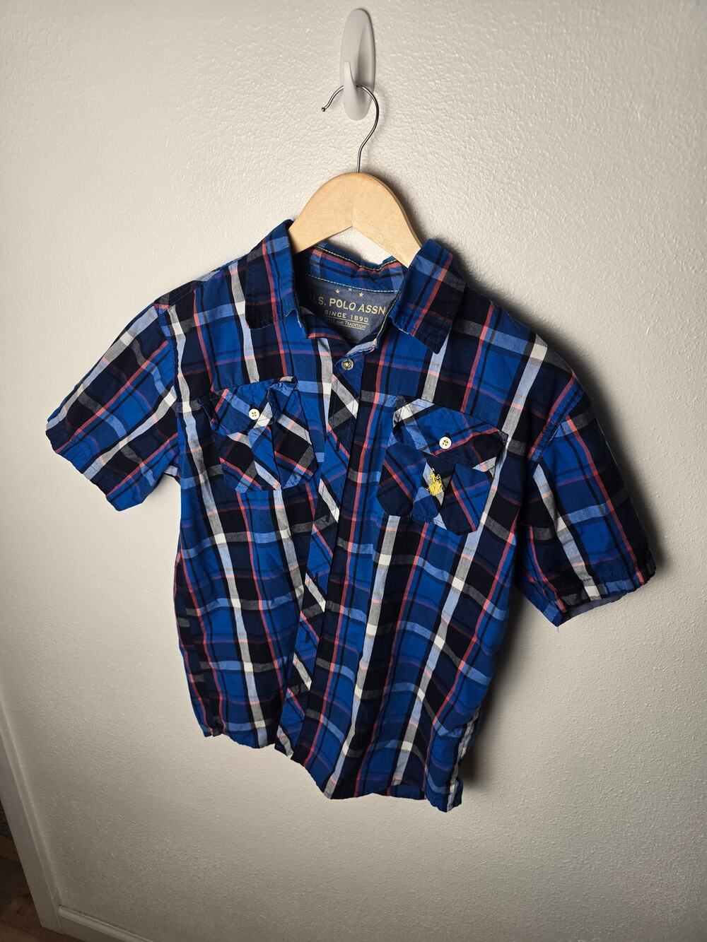US Polo Assn Shirt Boys XL 14/16 Blue Plaid Short Sleeve Button Up Cotton